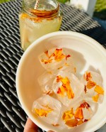dried marigolds in ice cubes